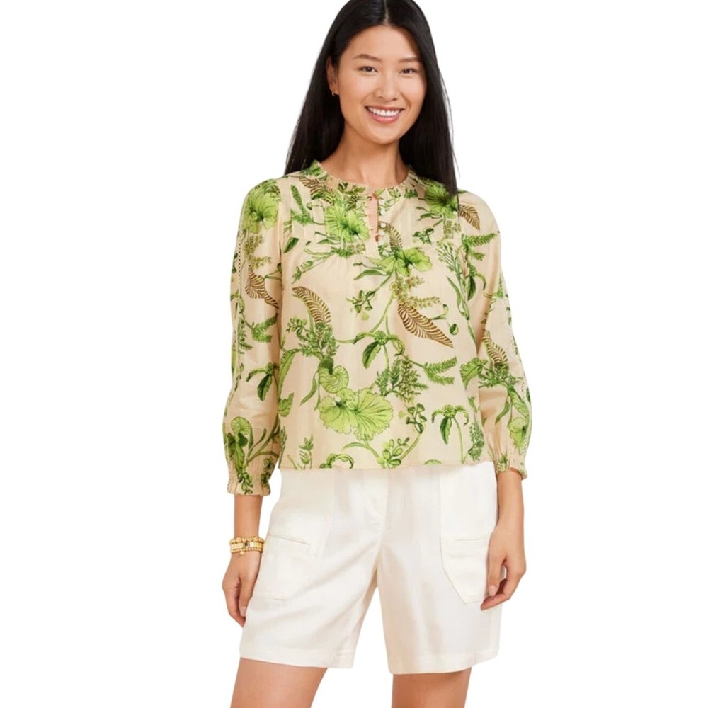 Talbots Womens Green Botanical Linen Blend‎ Pintuck Blouse NWT Cottagecore